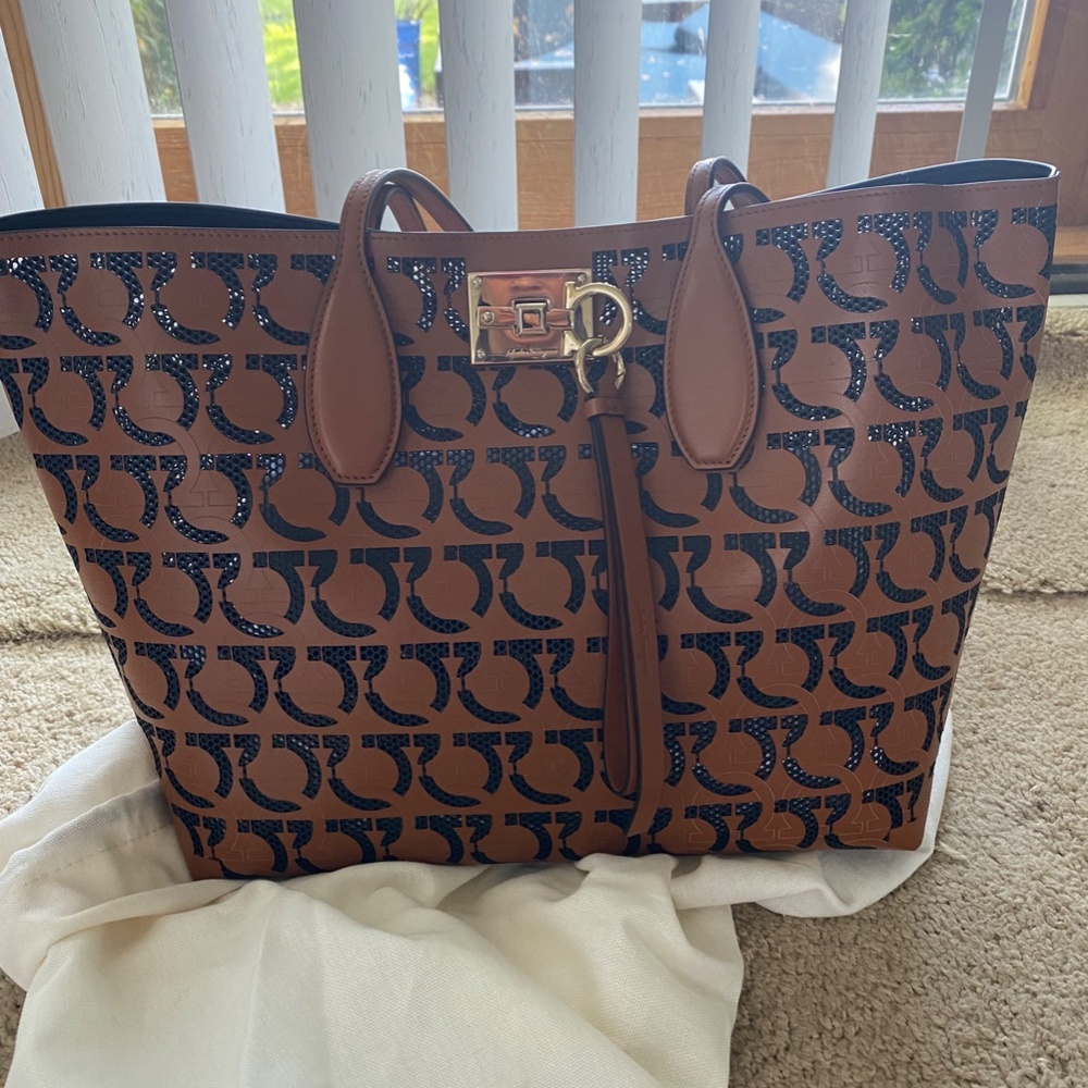 Women's Studio Perforated Gancini Leather Tote In Brown